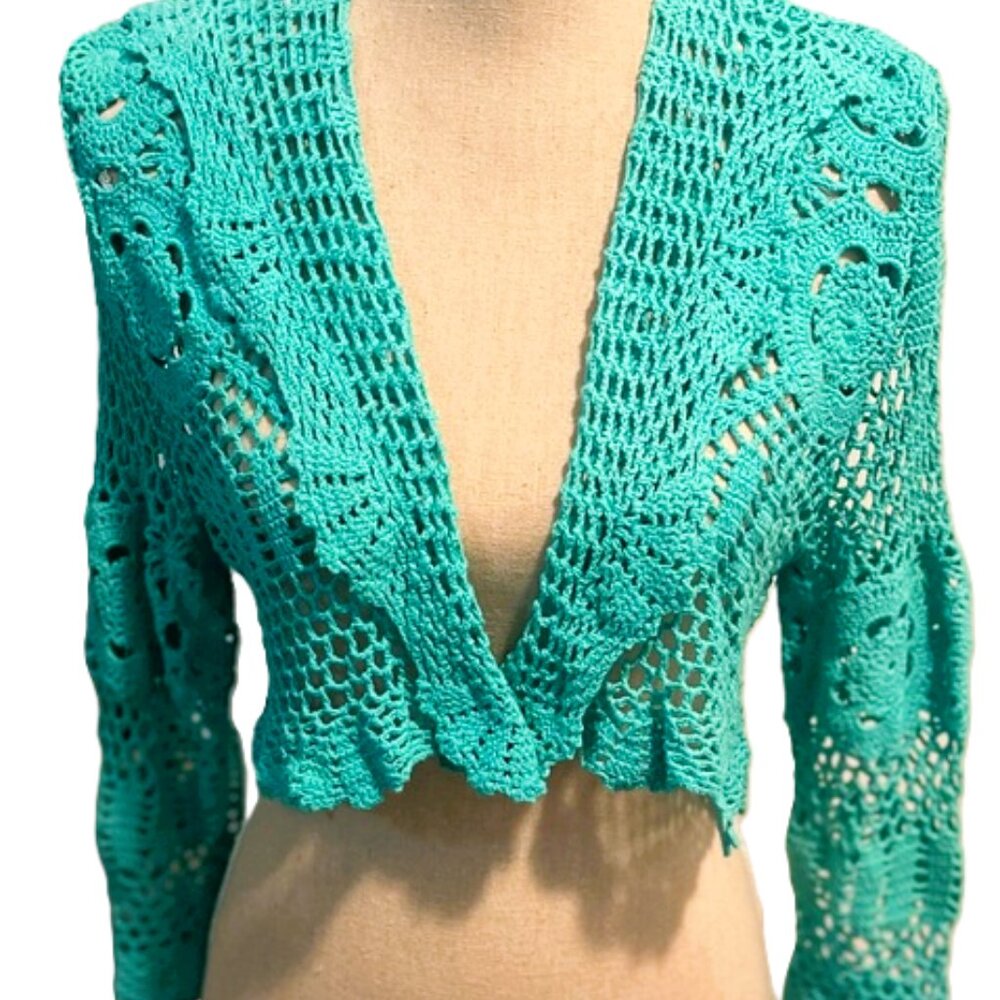 🆕 💕Beautiful Hand-crochet & Hand-dyed 100% Cotton Shrug in Teal - Picture 4 of 4